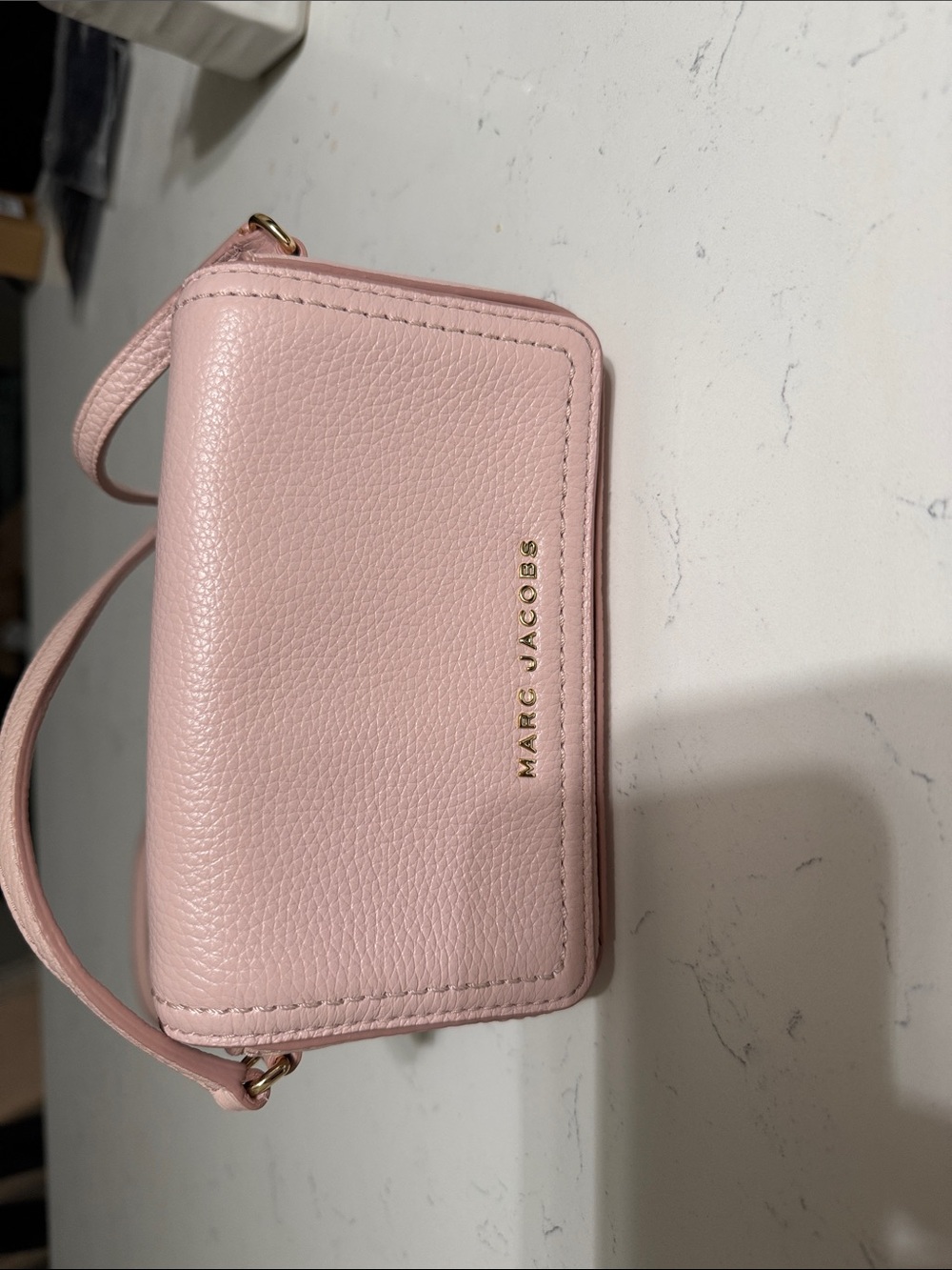 Marc Jacobs Baby Pink Pebbled Leather Mini Crossbody with Gold Logo
